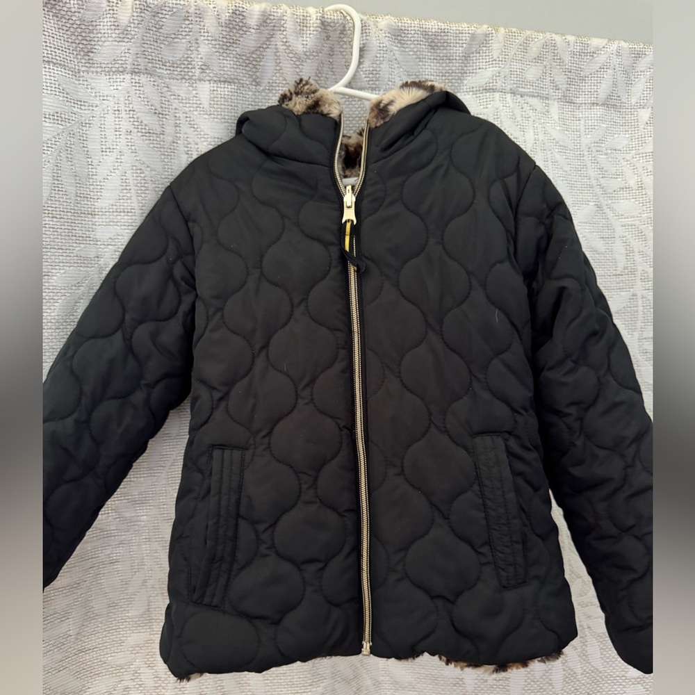 Girls Black & Leopard reversible Quilted winter Jacket / gold details size 6X